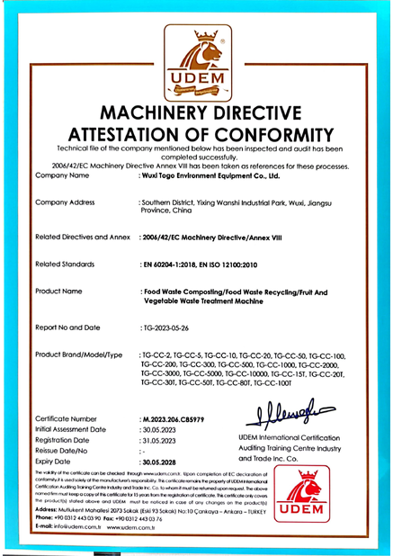 Chiny WuXi TOGO Environment Equipment Co., Ltd. Certyfikaty