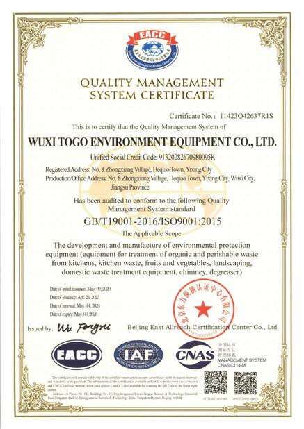 Chiny WuXi TOGO Environment Equipment Co., Ltd. Certyfikaty