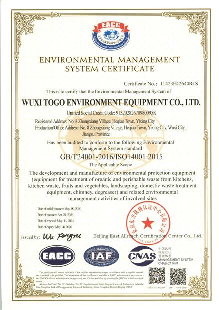 Chiny WuXi TOGO Environment Equipment Co., Ltd. Certyfikaty